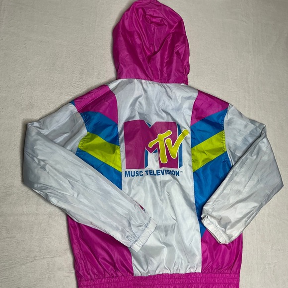 MTV Music Television Windbreaker Jacket Pink White Blue Yellow Logo Graphic S S - Picture 7 of 7